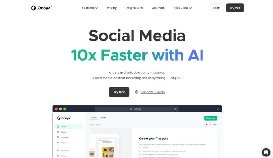 Página de Ocoya con el lema «Social Media 10x Faster with AI»
