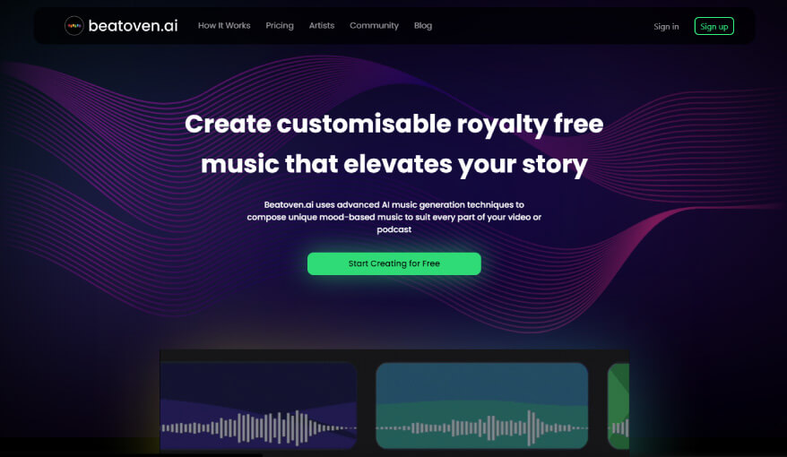 Página de Beatoven.ai para crear música libre de regalías