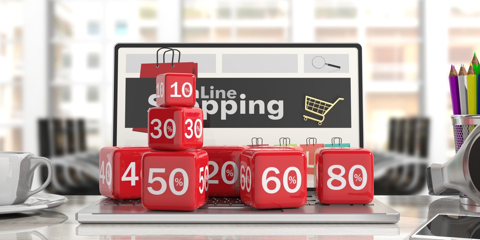 Carrito de compras en una pantalla rodeado de dados con porcentajes de descuento